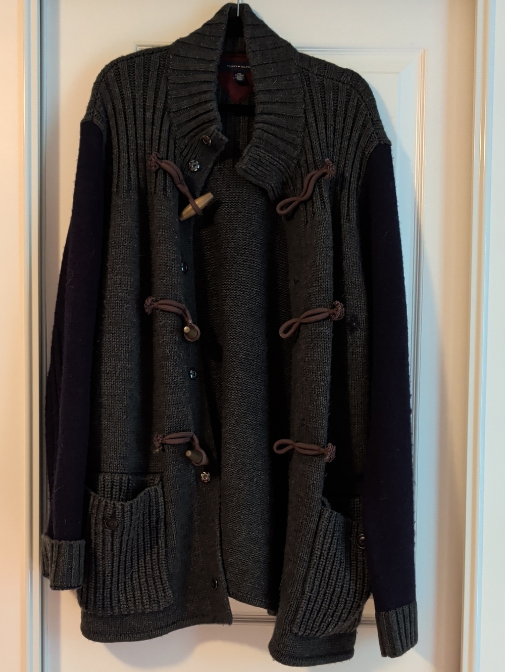 Vintage Tommy Hilfiger Cardigan Sweater Grey/Blue W/Horn Toggle Wool Blend XXL